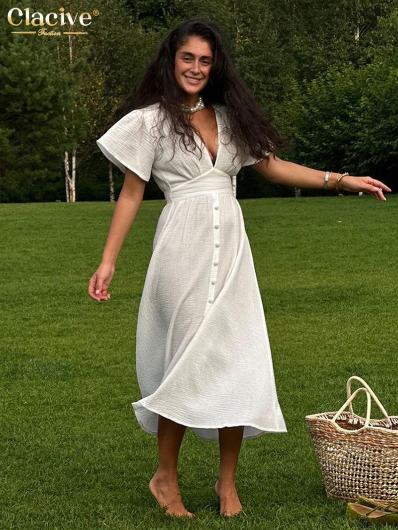 Clacive Sexy Slim White Cotton Women Dress 2024 Summer V-Neck Short Sleeve Midi Dresses Elegant Classic High Waist Female Dress