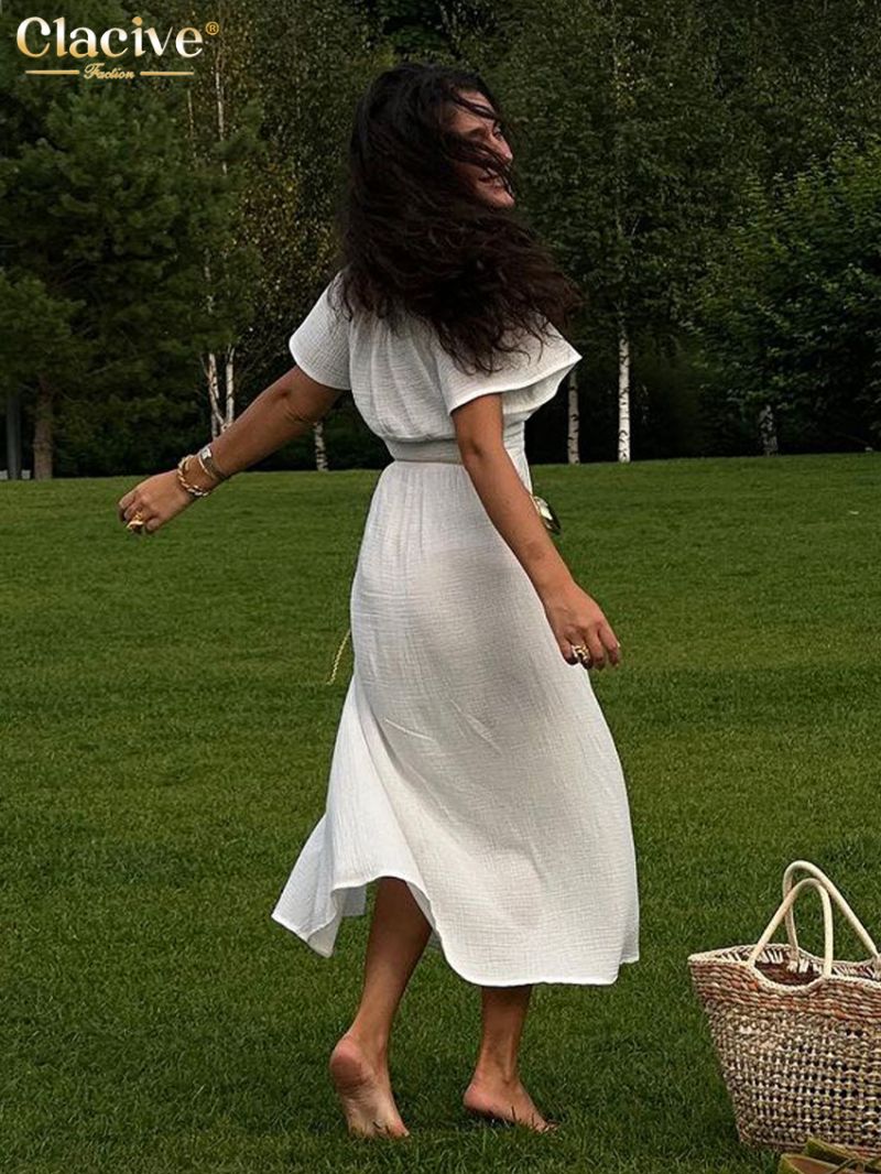 Clacive Sexy Slim White Cotton Women Dress 2024 Summer V-Neck Short Sleeve Midi Dresses Elegant Classic High Waist Female Dress