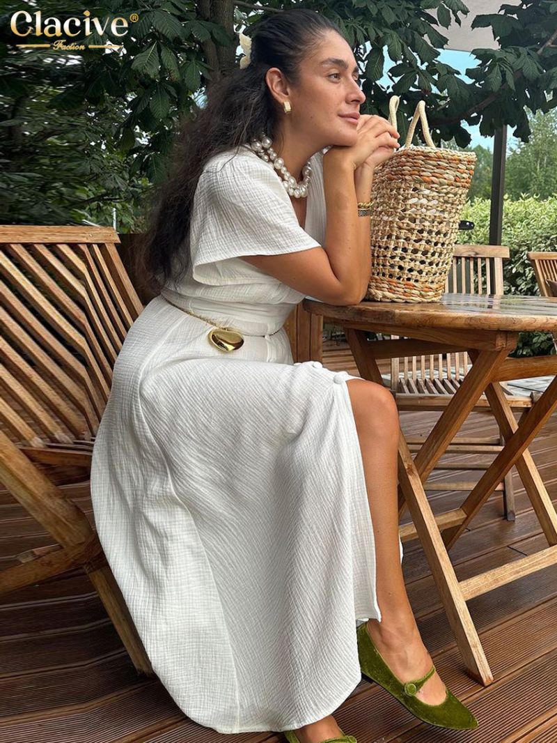 Clacive Sexy Slim White Cotton Women Dress 2024 Summer V-Neck Short Sleeve Midi Dresses Elegant Classic High Waist Female Dress