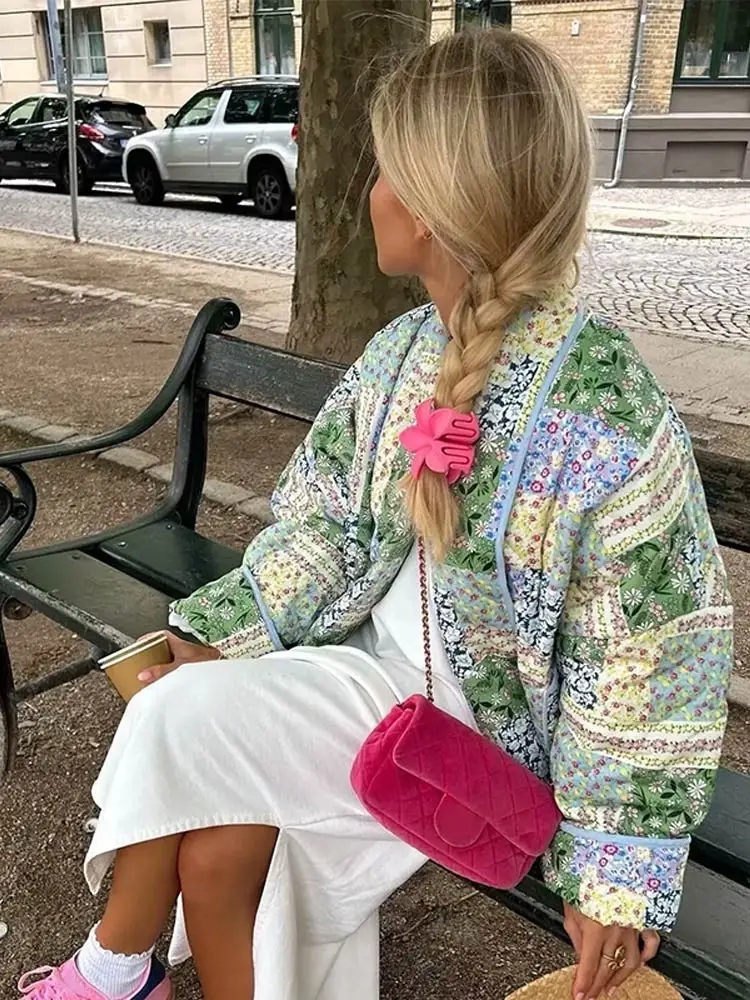 2024 Women Floral Print Cardigan Jacket Elegant Patchwork Lapel Pockets Long Sleeve Open Front Coat Female Loose Warm Streetwear