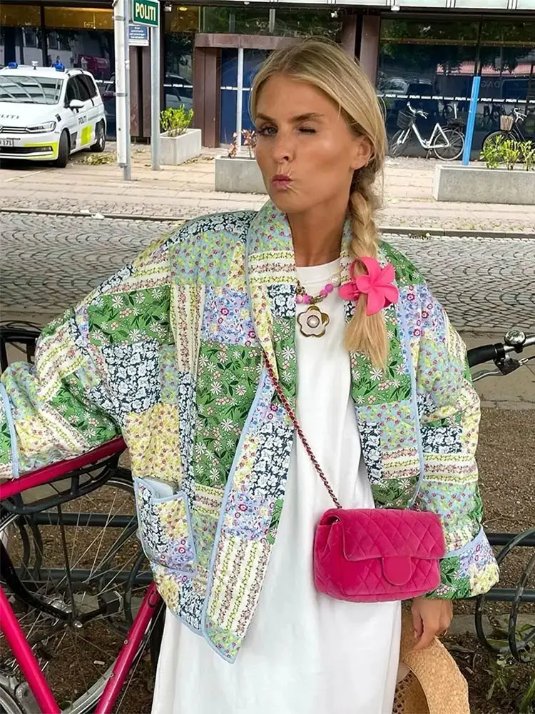 2024 Women Floral Print Cardigan Jacket Elegant Patchwork Lapel Pockets Long Sleeve Open Front Coat Female Loose Warm Streetwear