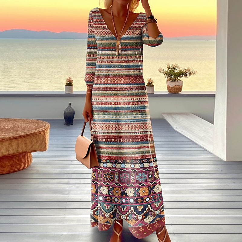 Bohemian Holiday Casual Dress Spring Vintage Stripe Printed Robe Dress Ladies Sexy V-neck High Waist Long Sleeved Dress Vestidos