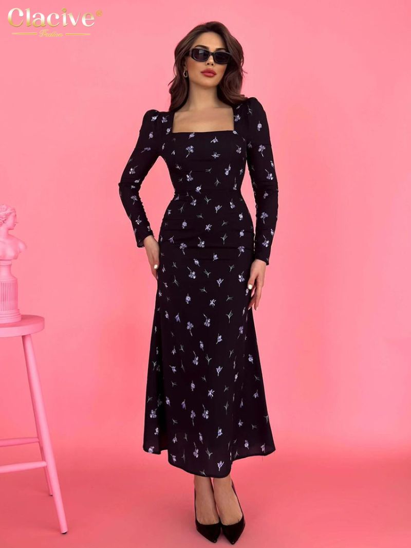 Clacive Fashion Slim Print Womens Dresses Elegant Square Collar Long Sleeve Ankle Length Dress Casual High Waist Female Dress