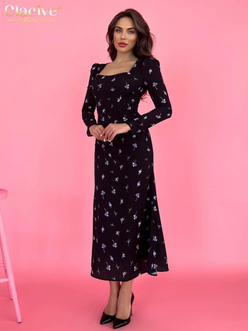 Clacive Fashion Slim Print Womens Dresses Elegant Square Collar Long Sleeve Ankle Length Dress Casual High Waist Female Dress