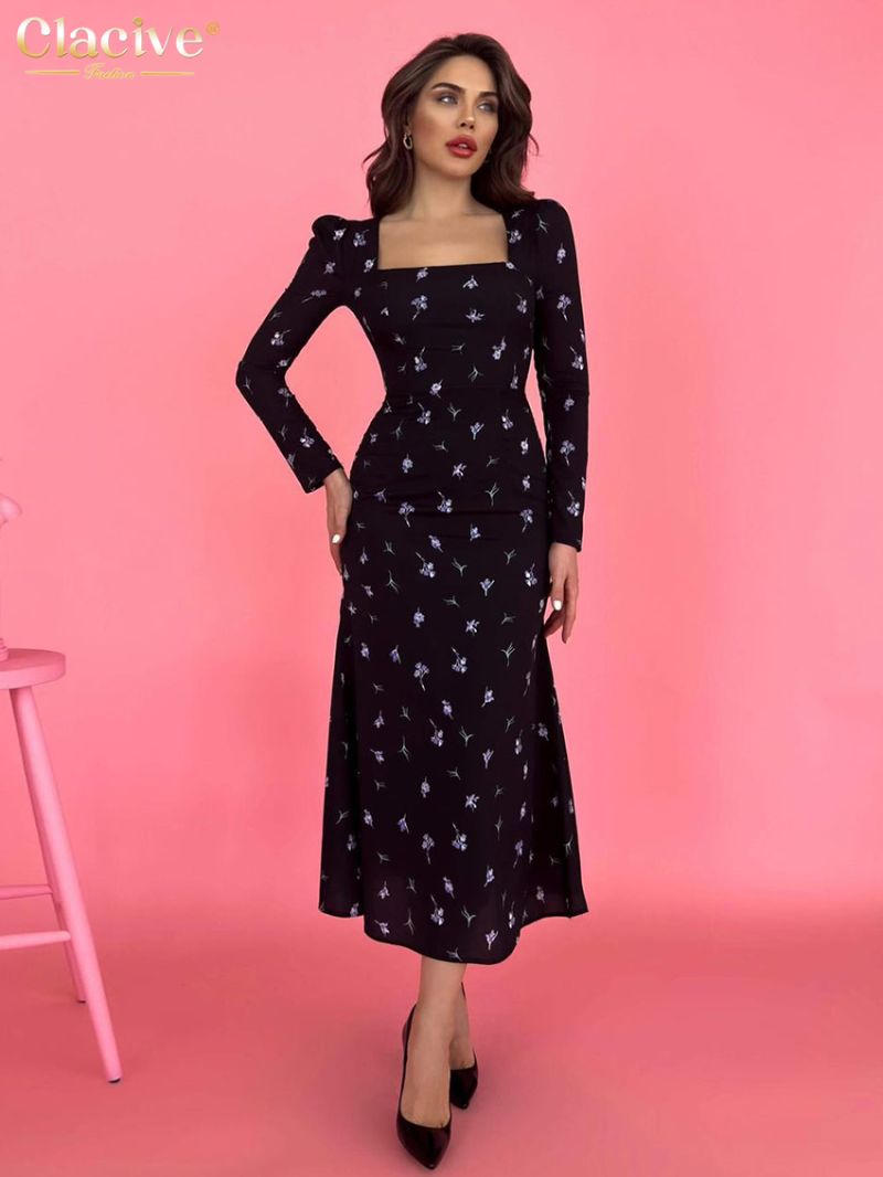 Clacive Fashion Slim Print Womens Dresses Elegant Square Collar Long Sleeve Ankle Length Dress Casual High Waist Female Dress