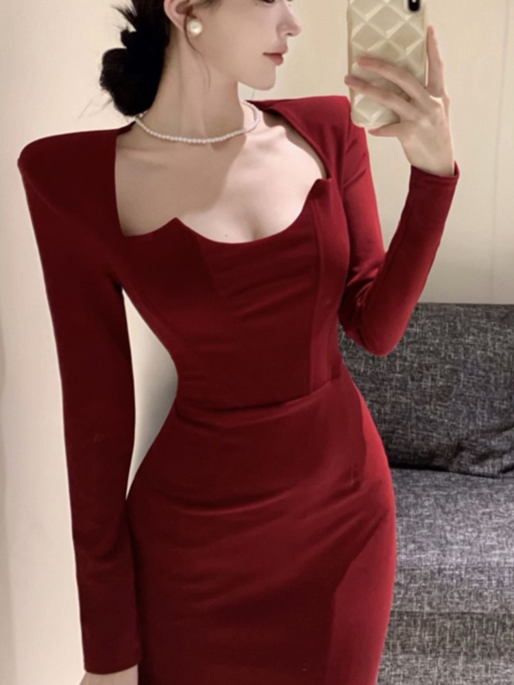 Autumn Solid Midi Dress Women Long Sleeve Square Sleeve Wrap Hip Slit Fashion Female Evening Party Prom Vestidos Retro Mujer New