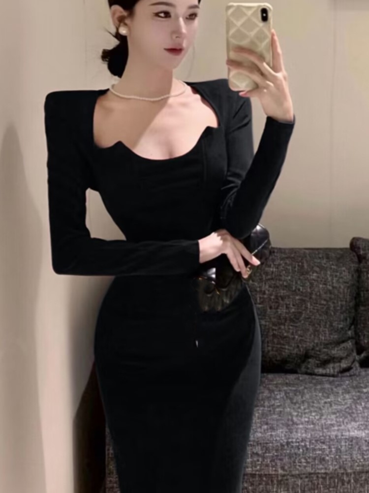 Autumn Solid Midi Dress Women Long Sleeve Square Sleeve Wrap Hip Slit Fashion Female Evening Party Prom Vestidos Retro Mujer New