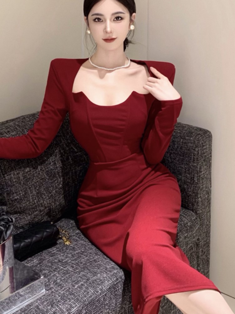 Autumn Solid Midi Dress Women Long Sleeve Square Sleeve Wrap Hip Slit Fashion Female Evening Party Prom Vestidos Retro Mujer New