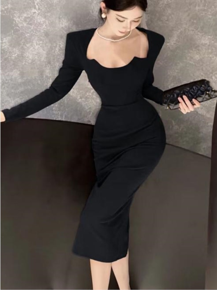 Autumn Solid Midi Dress Women Long Sleeve Square Sleeve Wrap Hip Slit Fashion Female Evening Party Prom Vestidos Retro Mujer New