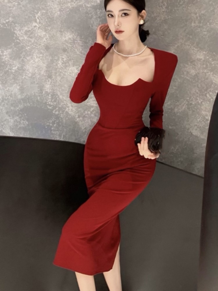 Autumn Solid Midi Dress Women Long Sleeve Square Sleeve Wrap Hip Slit Fashion Female Evening Party Prom Vestidos Retro Mujer New