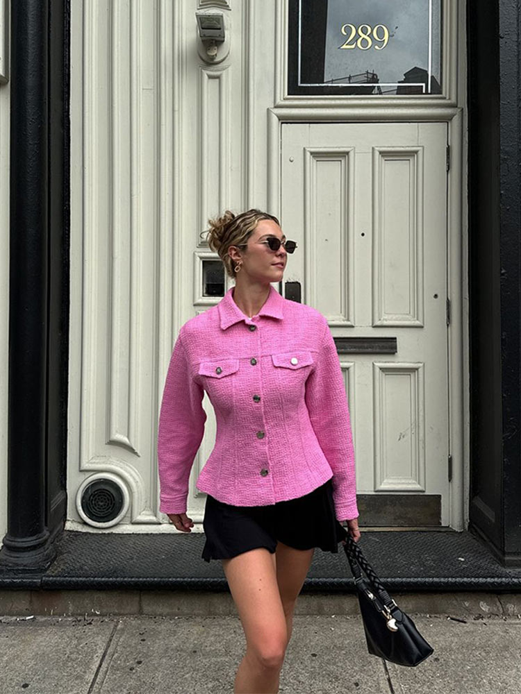 Autumn Pink Tweed Single-breasted Slim Jacket Women Lapel Long Sleeved Demi-season Cropped Jacket 2024 New In Bomber Outerwears