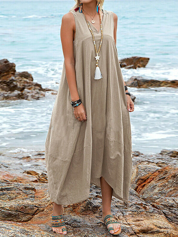 2022 Summer Casual Solid Sleeveless V-Neck Long Dress Women Fashion Loose Backless Chic Lace-Up Dress Simple Linen Big Hem Dress