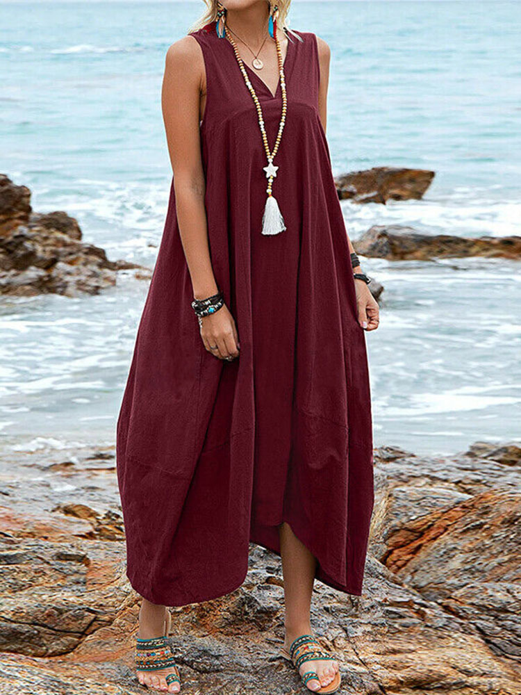 2022 Summer Casual Solid Sleeveless V-Neck Long Dress Women Fashion Loose Backless Chic Lace-Up Dress Simple Linen Big Hem Dress