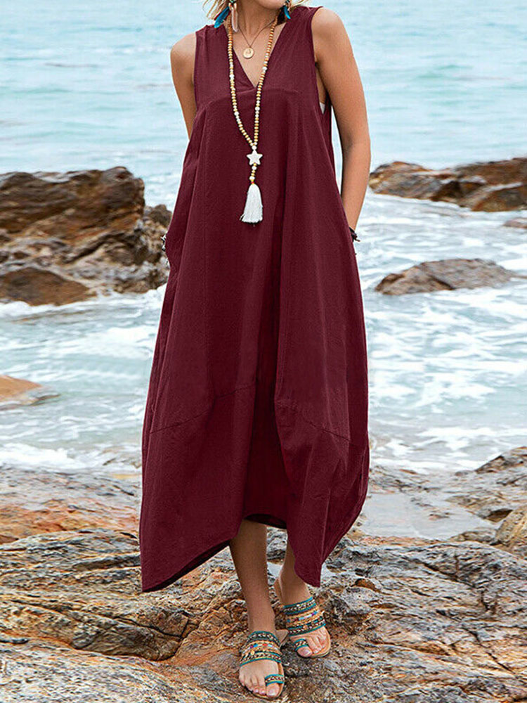 2022 Summer Casual Solid Sleeveless V-Neck Long Dress Women Fashion Loose Backless Chic Lace-Up Dress Simple Linen Big Hem Dress