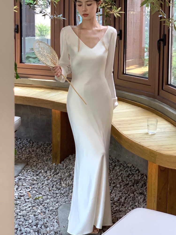 Autumn Satin Long Dresses for Women Wedding Evening Party Dress Prom Robe Solid V-neck Long Sleeves Mermaid One Piece Vestido