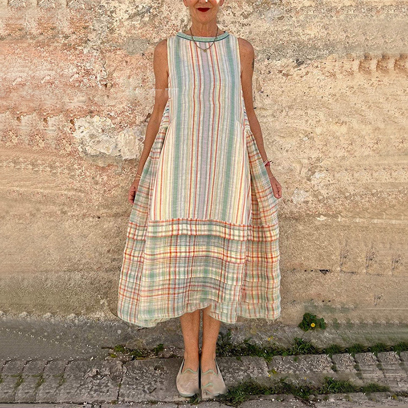 Fashion Striped Printed Pleated Dress Summer Hollow Out Sleeveless Swing Beach Dress Women Casual O Neck Loose Long Dress Mujer