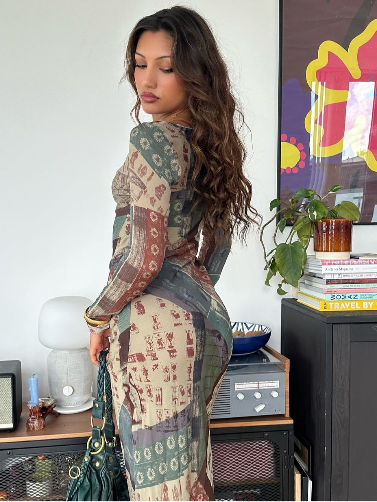 Women Vintage Printed Slim Long Dresses Fashion Long Sleeve V-neck Maxi Dress 2024 Summer Lady Vacation High Street Robes