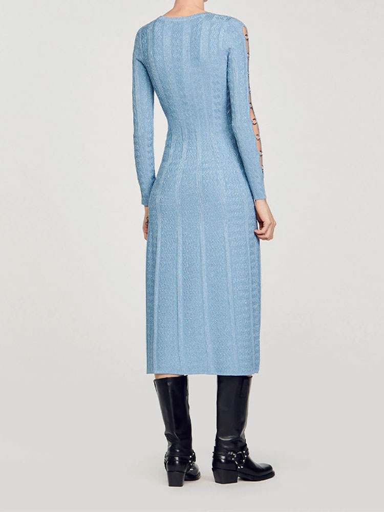 Elegant Solid Long Sleeves Side Metal Ring Knitted Midi Dress Round Neck Slim Flared Hem Dress Ladies Chic High Street Robes