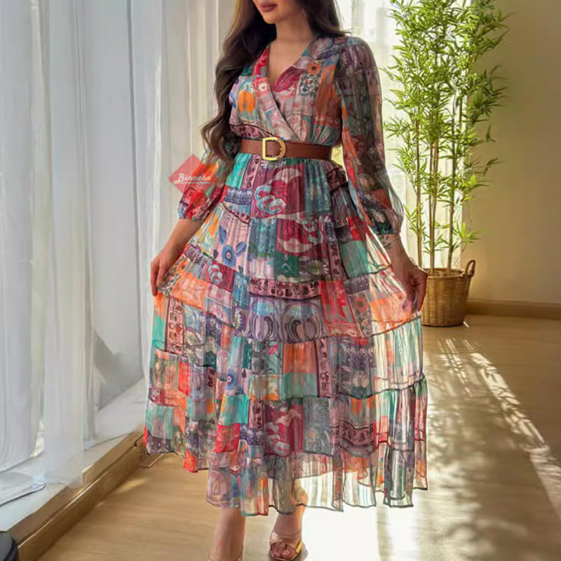 Female V Neck High Waist Swing Prom Dress Elegant Long Sleeved Bohemian Dress Chiffon Floral Print Pleated Party Dress Vestidos