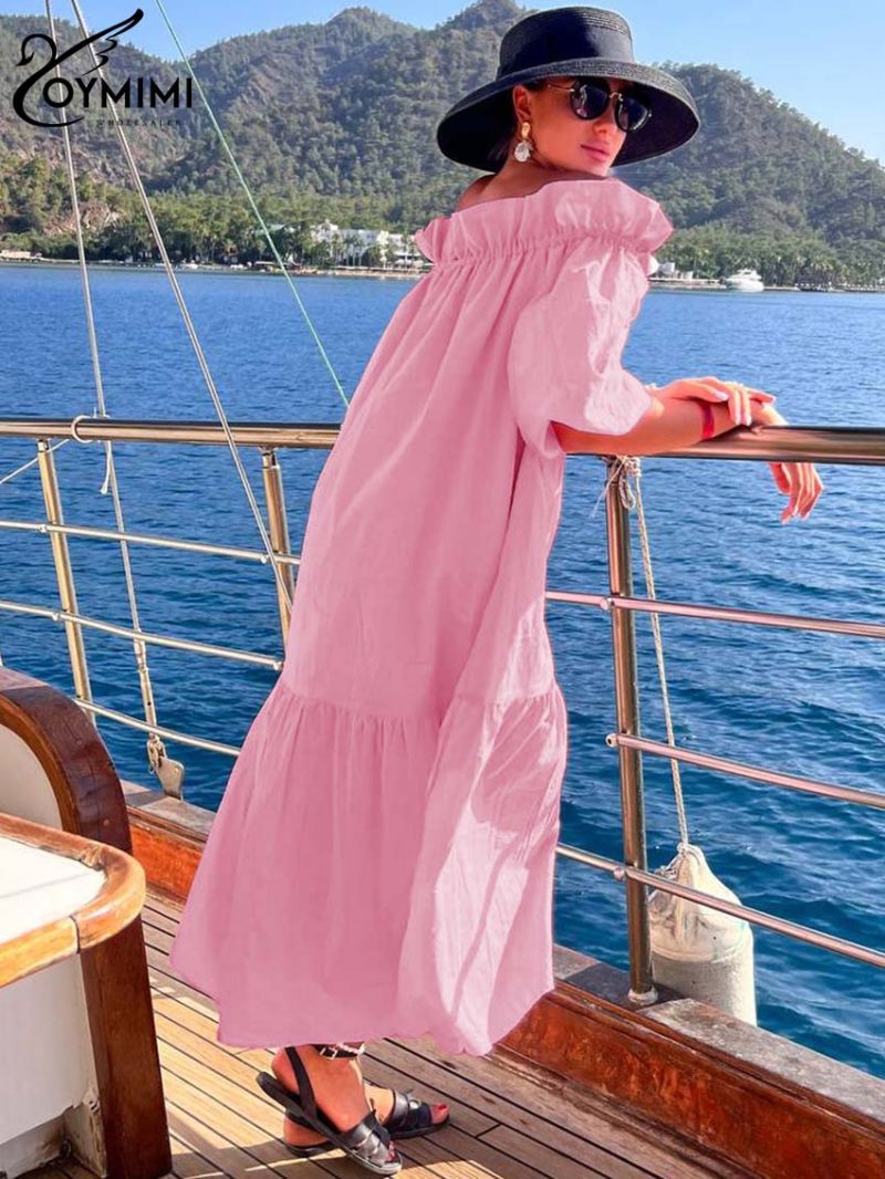 Oymimi Fashion Pink Cotton Womens Dresses Casual Slash Neck Three Quarter Sleeve Dress Elegant Loose Pleated Ankle-Length Dress