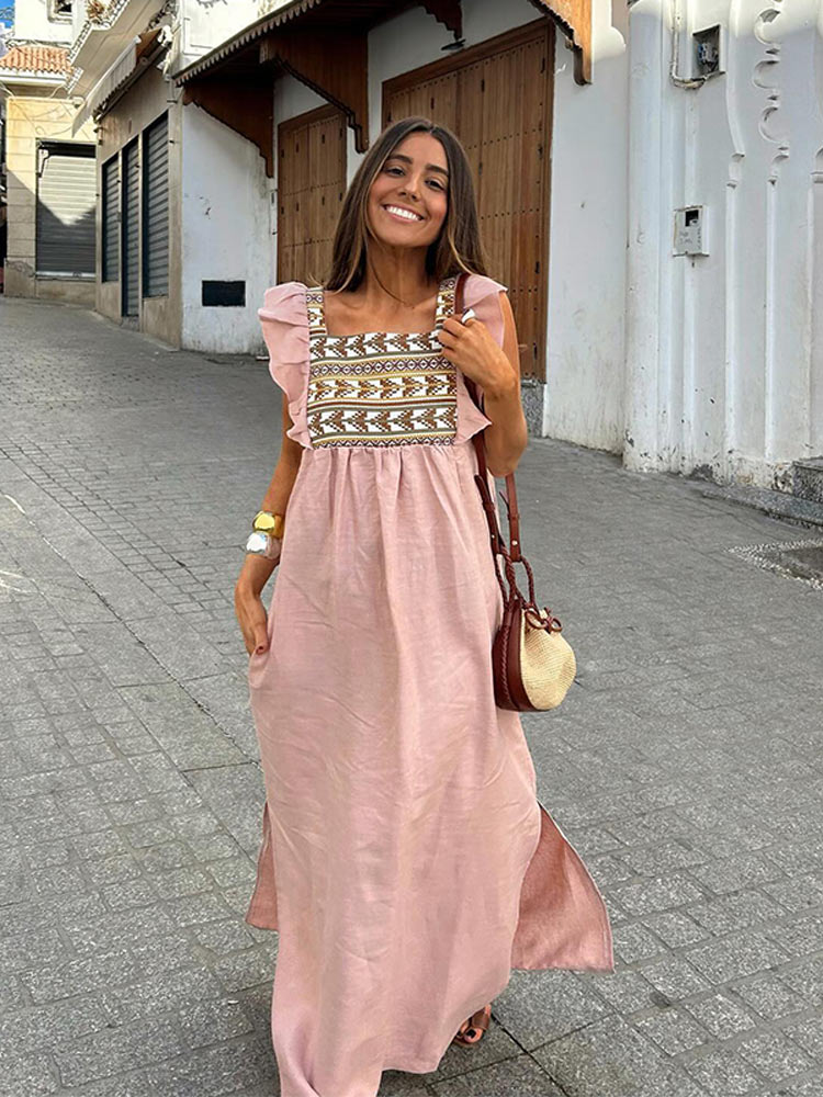 Retro Printed Patchwork Pink Dress Women Fashion Loose O Neck Waveselvedge Sleeves Maxi Robes 2024 Summer Female Streetwear