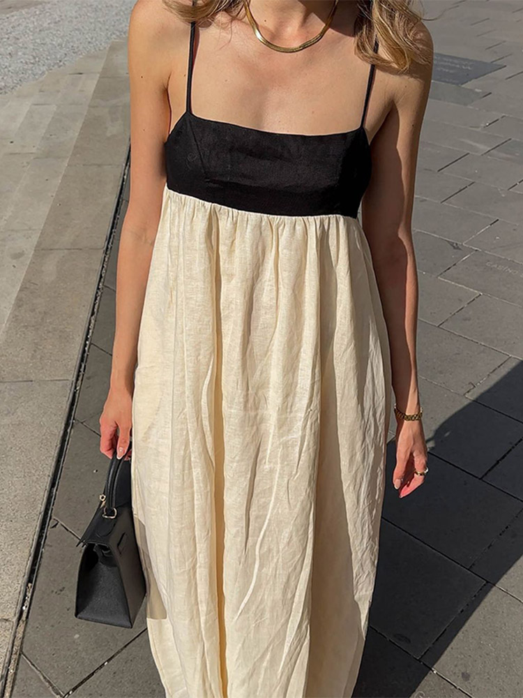 2024 Summer Backless Contrasting Splicing Loose Sling Dresses Women Square Neck Sleeveless High Waist Dress Lady Streetwear