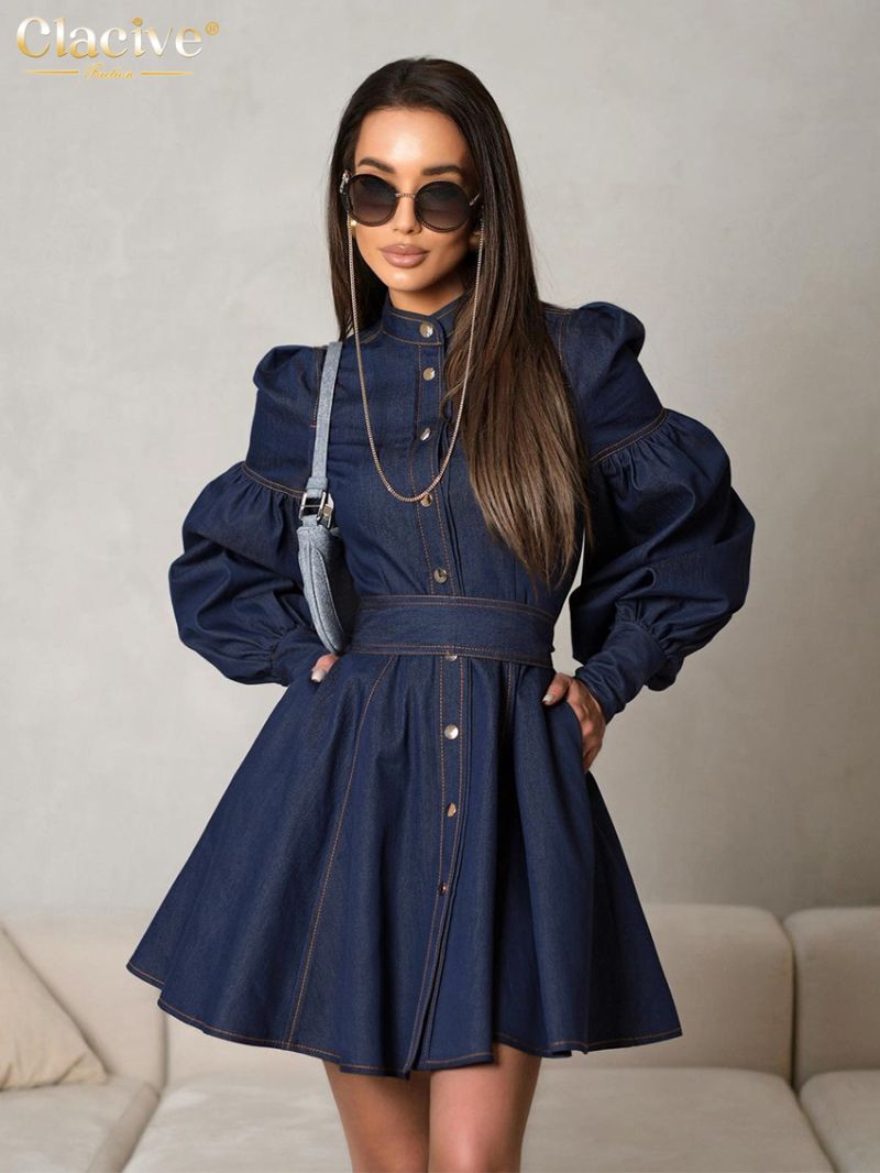 Clacive Fashion Slim Blue Denim Women's Dress 2024 Elegant Stand Collar Long Sleeve Mini Dresses Vintage High Waist Female Dress