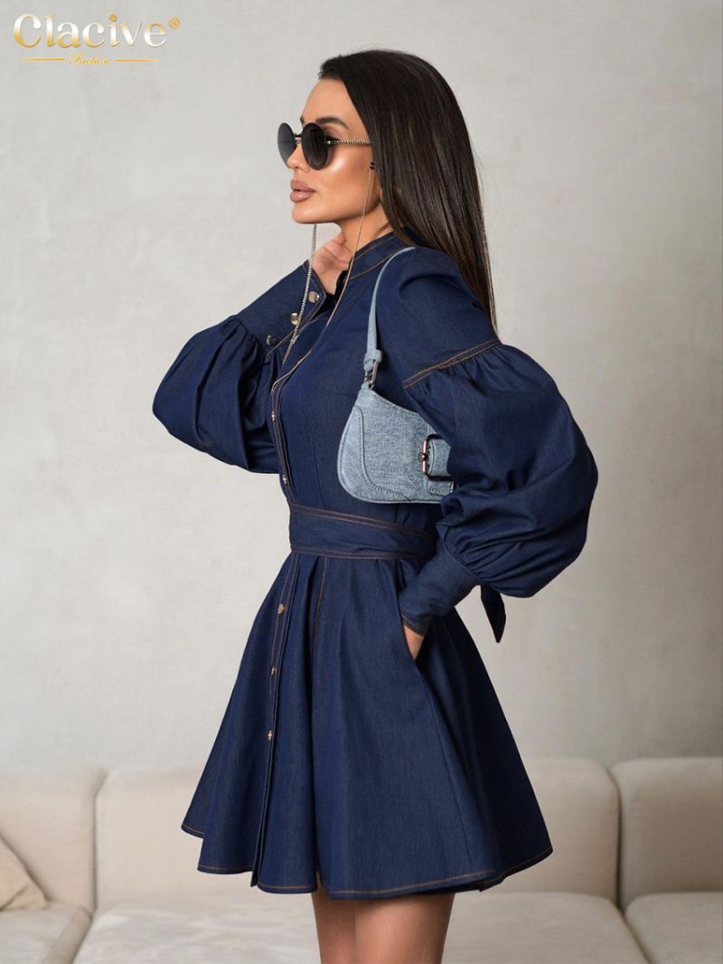 Clacive Fashion Slim Blue Denim Women's Dress 2024 Elegant Stand Collar Long Sleeve Mini Dresses Vintage High Waist Female Dress