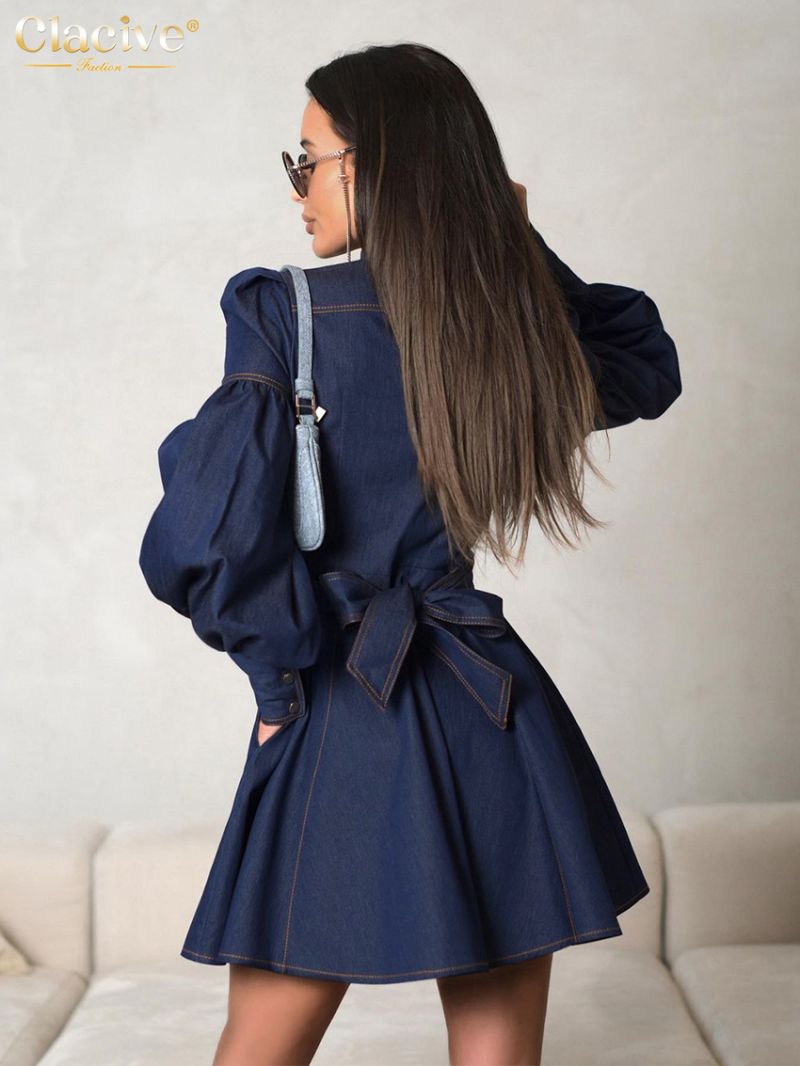 Clacive Fashion Slim Blue Denim Women's Dress 2024 Elegant Stand Collar Long Sleeve Mini Dresses Vintage High Waist Female Dress