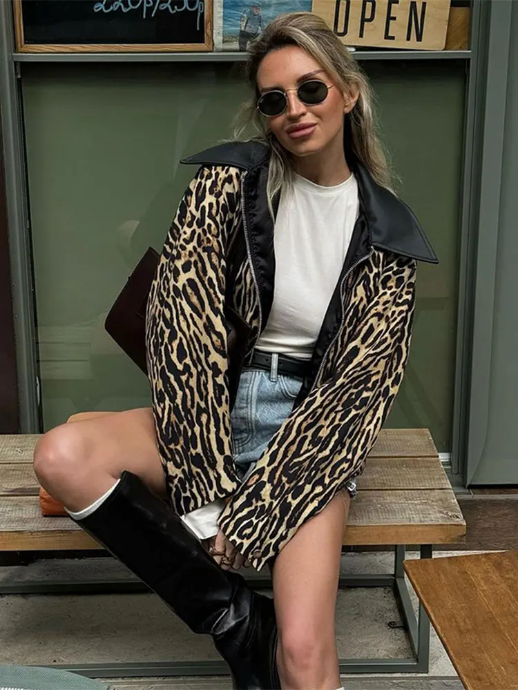 autumn Women's Leopard Printed Leather Lapel Patchwork Jacket Chic Zipper Long Sleeve Short Slim Coat 2024 Lady High Streetwear