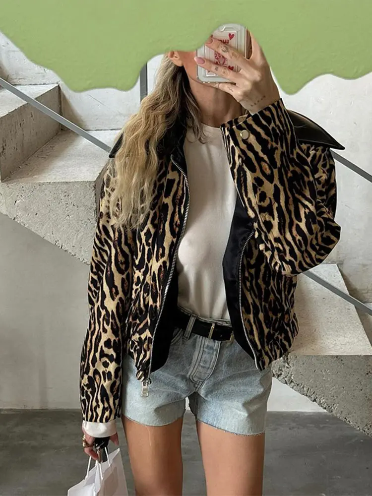 autumn Women's Leopard Printed Leather Lapel Patchwork Jacket Chic Zipper Long Sleeve Short Slim Coat 2024 Lady High Streetwear