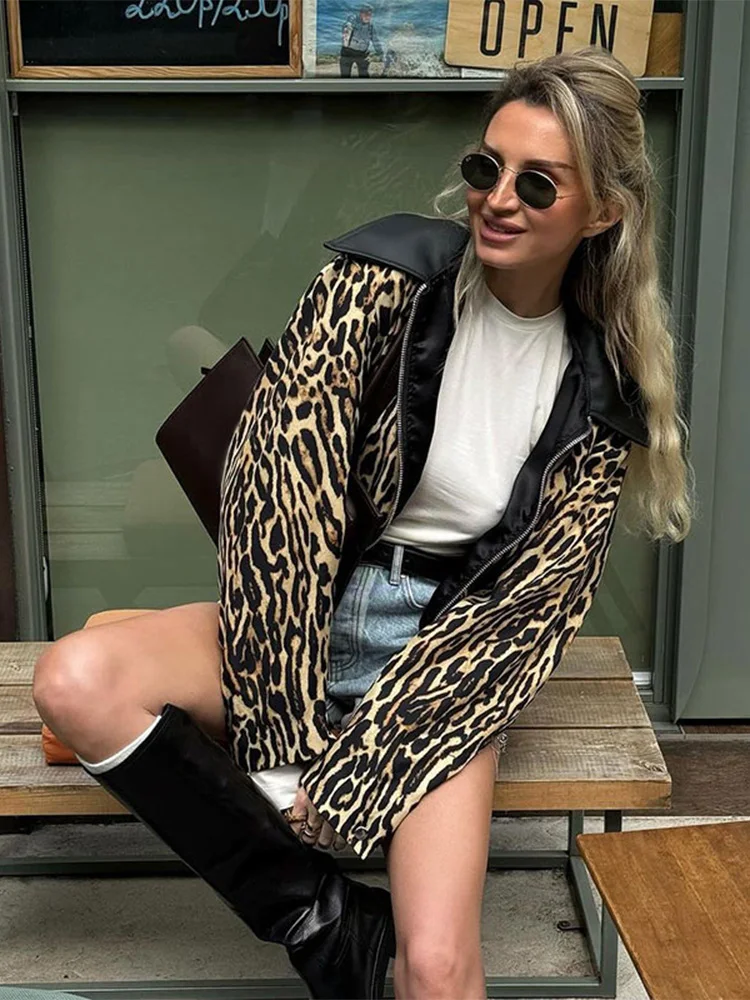 autumn Women's Leopard Printed Leather Lapel Patchwork Jacket Chic Zipper Long Sleeve Short Slim Coat 2024 Lady High Streetwear