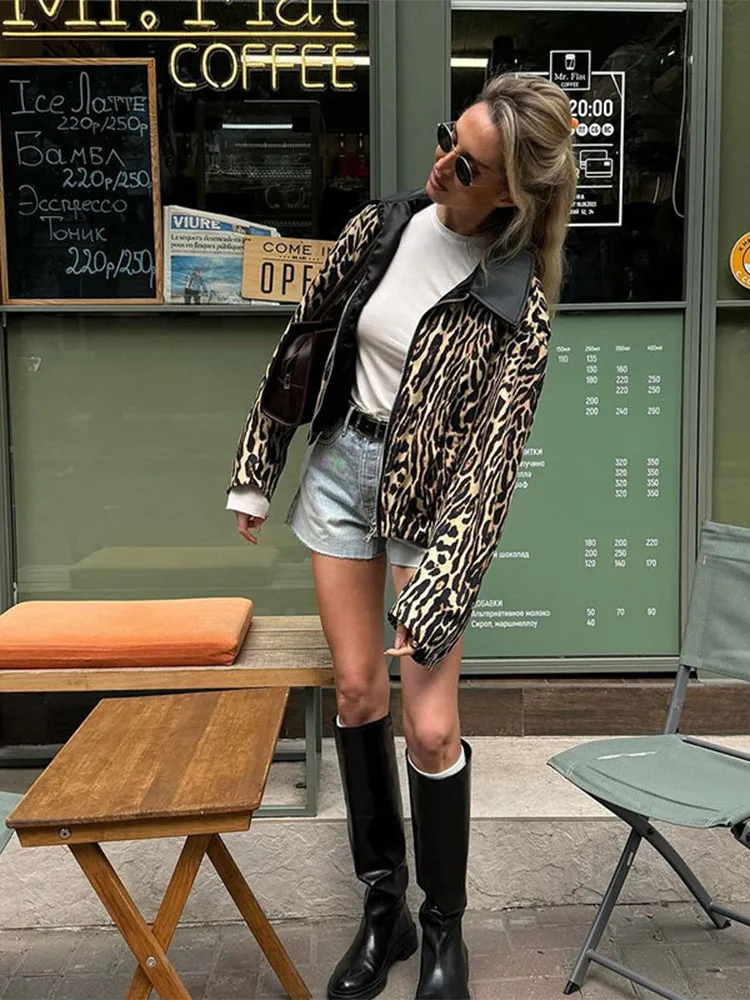 autumn Women's Leopard Printed Leather Lapel Patchwork Jacket Chic Zipper Long Sleeve Short Slim Coat 2024 Lady High Streetwear