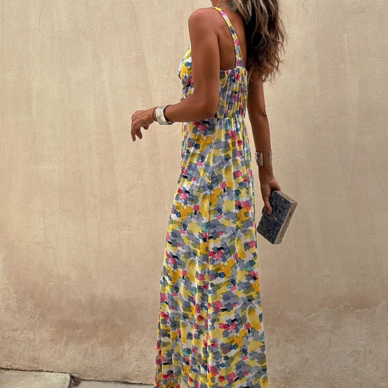 Summer Floral Print Hollow Out Sleeveless Dress Casual Vacation V Neck Women's Long Dress Elegant High Waist Suspenders Dresses