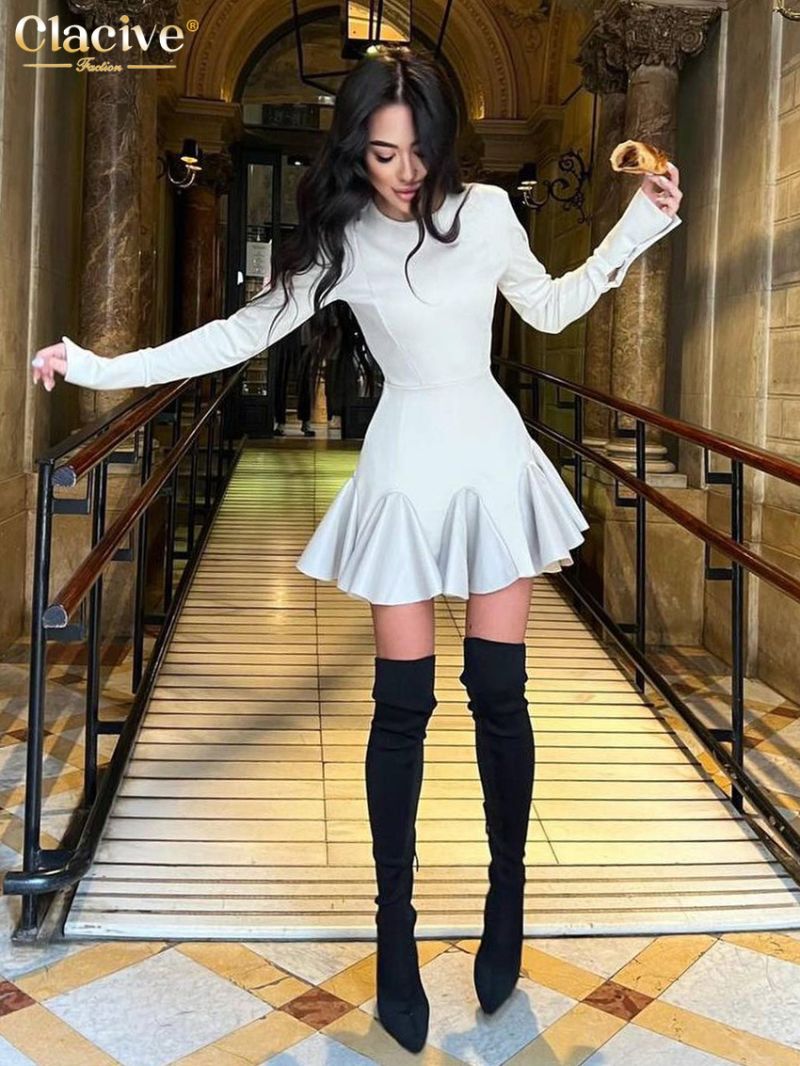 Clacive Bodycon Black Knitted Women Dress Fashion O-Neck Long Sleeve Office Mini Dresses Elegnat Patchwork Pleated Female Dress