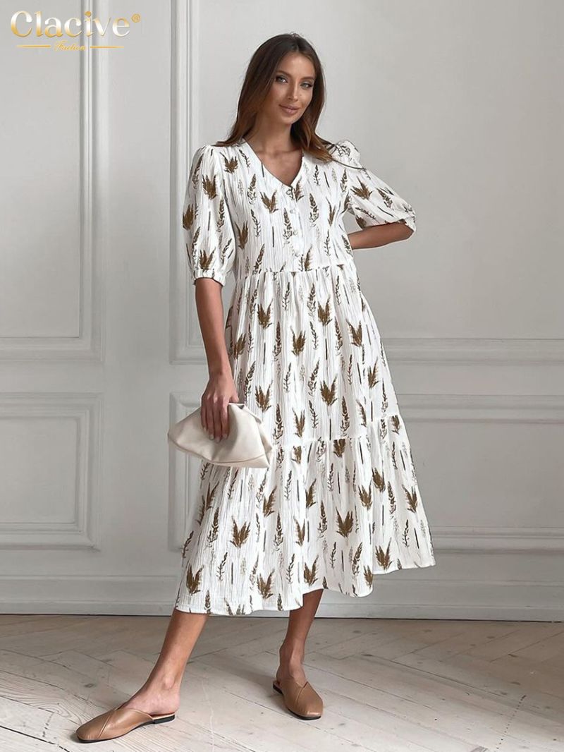 Clacive Fashion Loose Print Women's Dress 2024 Summer V-Neck Short Sleeve Midi Dresses Elegant Classic Pattern Female Dress