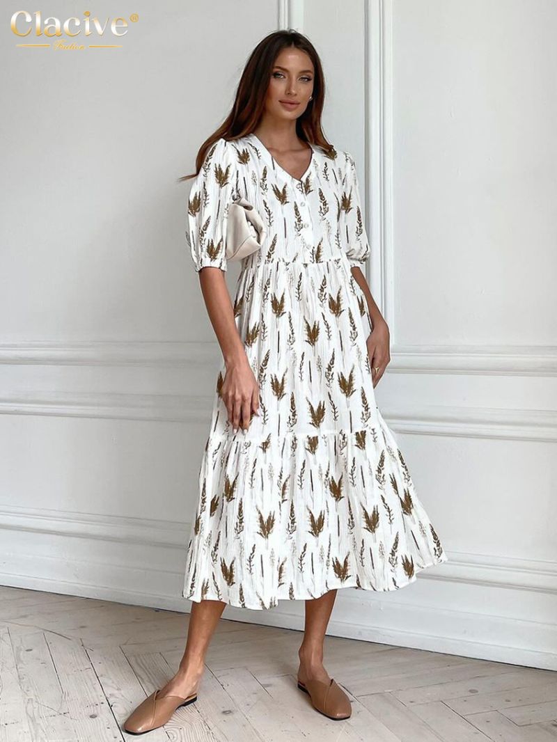 Clacive Fashion Loose Print Women's Dress 2024 Summer V-Neck Short Sleeve Midi Dresses Elegant Classic Pattern Female Dress