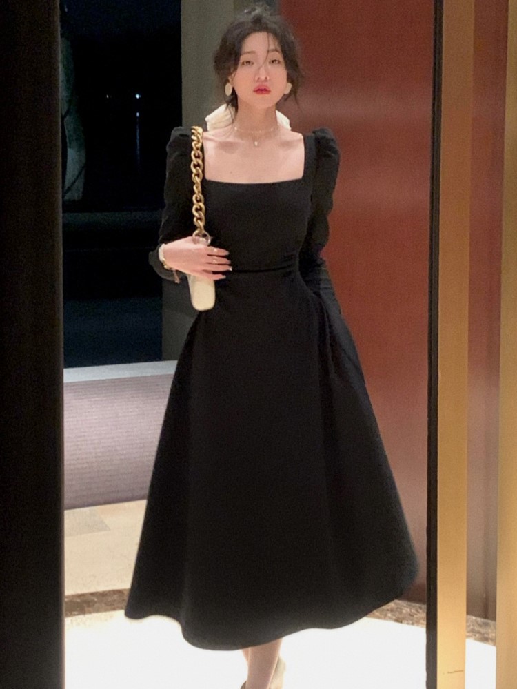 Autumn Solid Evening Dresses for Women French Wedding Party Dress Long Sleeves Square Collar A-line Korean Fashion Midi Vestidos