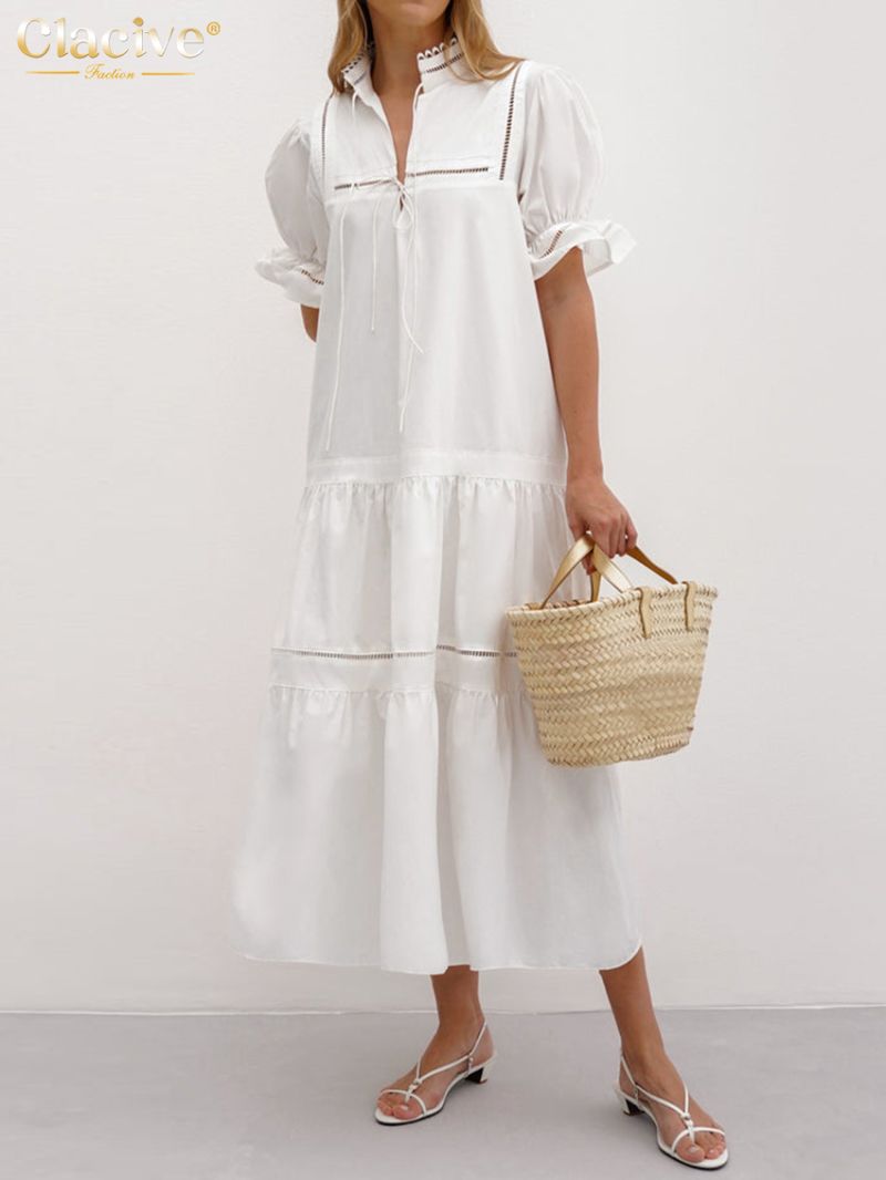 Clacive Summer Loose White Cotton Women Dress 2024 Fashion Stand Collar Short Sleeve Midi Dresses Elegant Classic Female Dress