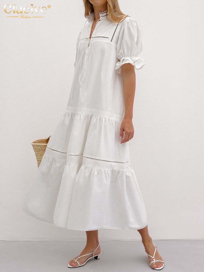 Clacive Summer Loose White Cotton Women Dress 2024 Fashion Stand Collar Short Sleeve Midi Dresses Elegant Classic Female Dress