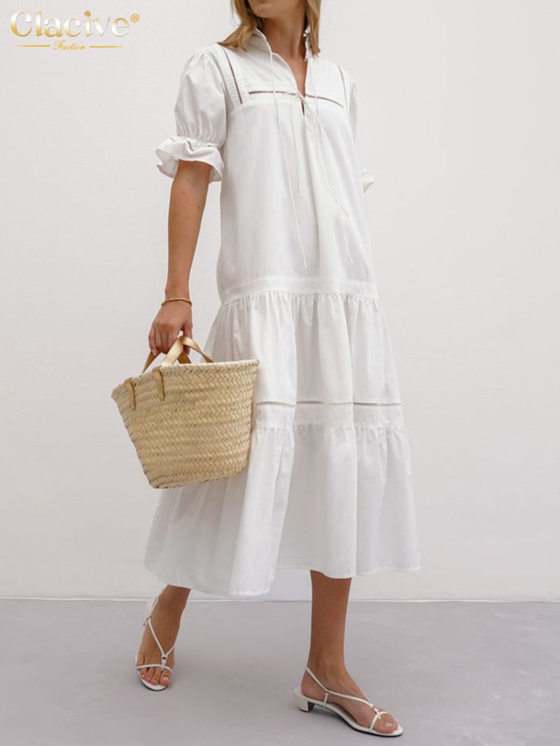 Clacive Summer Loose White Cotton Women Dress 2024 Fashion Stand Collar Short Sleeve Midi Dresses Elegant Classic Female Dress