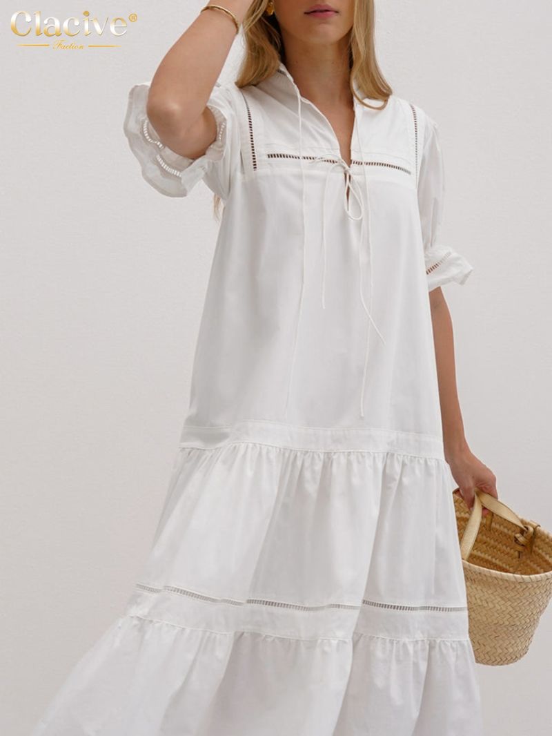 Clacive Summer Loose White Cotton Women Dress 2024 Fashion Stand Collar Short Sleeve Midi Dresses Elegant Classic Female Dress