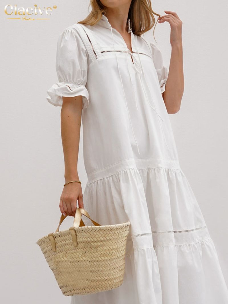 Clacive Summer Loose White Cotton Women Dress 2024 Fashion Stand Collar Short Sleeve Midi Dresses Elegant Classic Female Dress