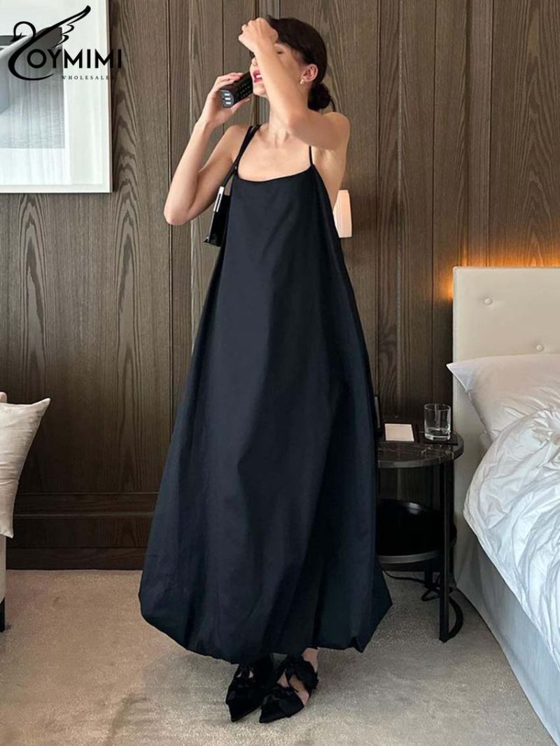 Oymimi Elegant Black Cotton Women's Dress Fashion Spaghetti Strap Open Back Loose Dresses Spring Summer Ankle-Length Dresses