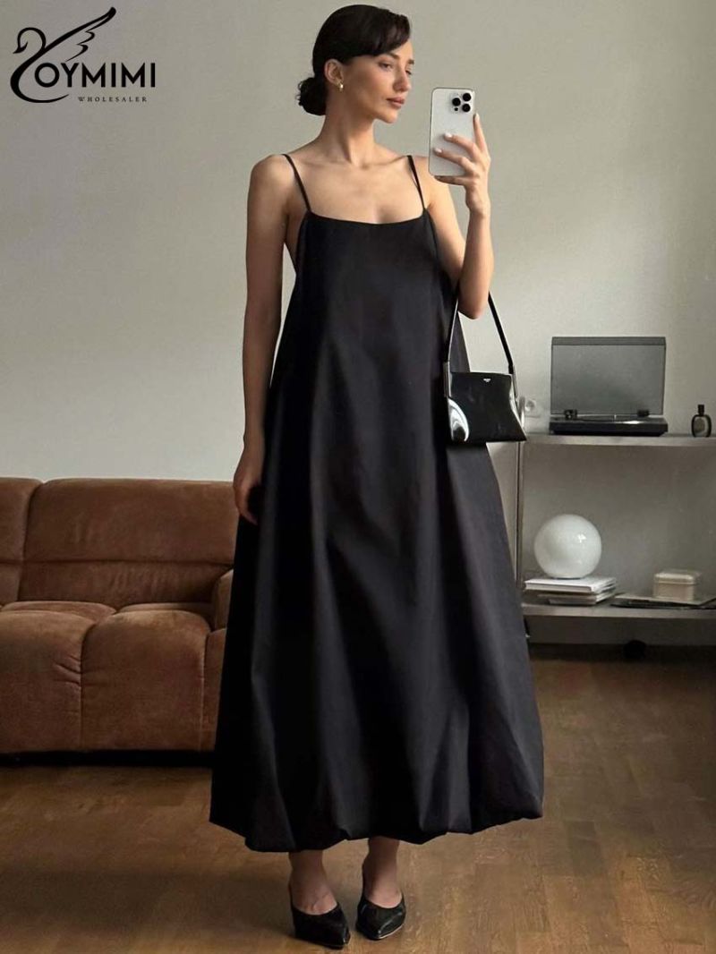 Oymimi Elegant Black Cotton Women's Dress Fashion Spaghetti Strap Open Back Loose Dresses Spring Summer Ankle-Length Dresses