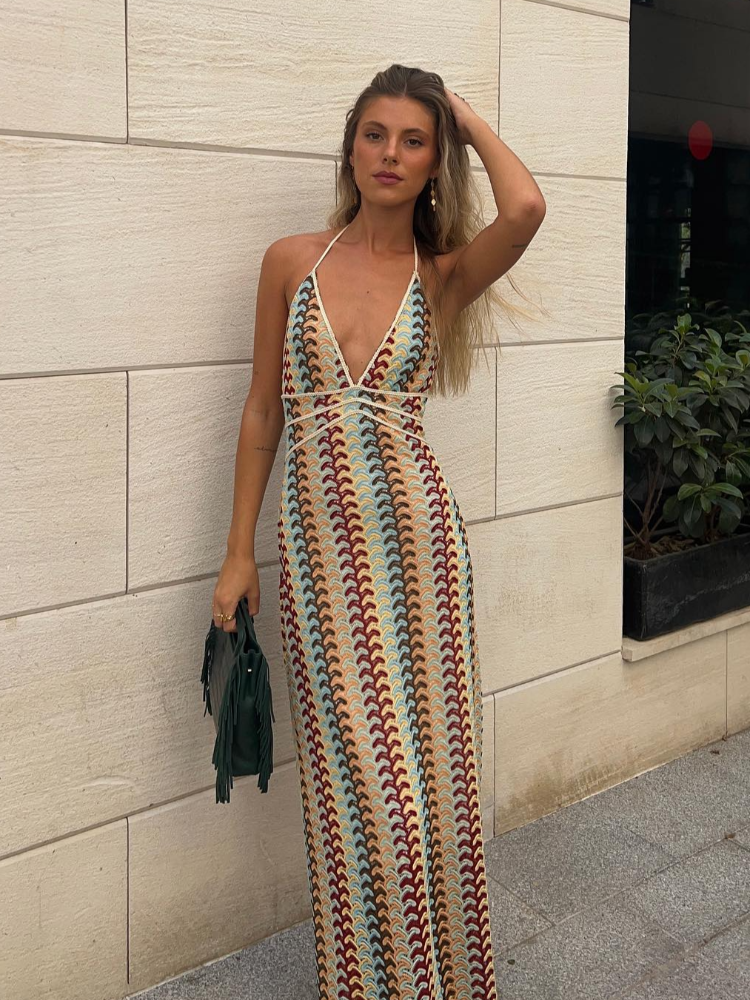 Sexy Contrast Striped Knit Halter Dress Women Fashion Loose Backless Maxi Dresses Summer Chic Female Beach Party Vestidos