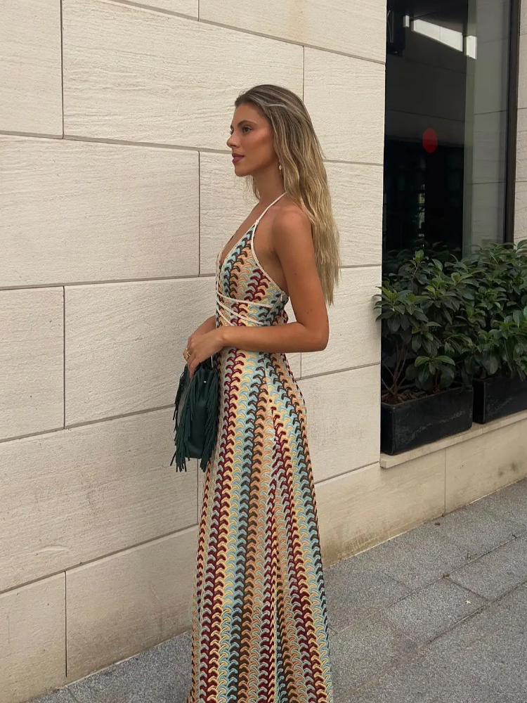 Sexy Contrast Striped Knit Halter Dress Women Fashion Loose Backless Maxi Dresses Summer Chic Female Beach Party Vestidos