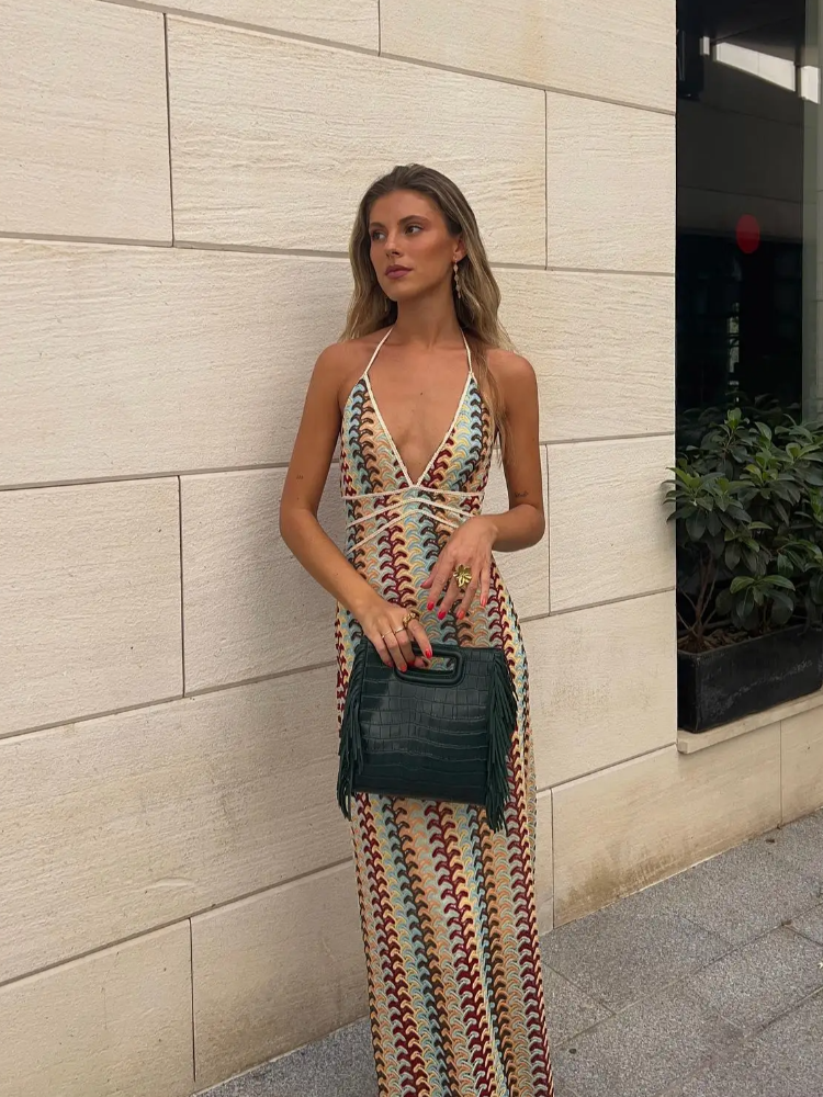 Sexy Contrast Striped Knit Halter Dress Women Fashion Loose Backless Maxi Dresses Summer Chic Female Beach Party Vestidos