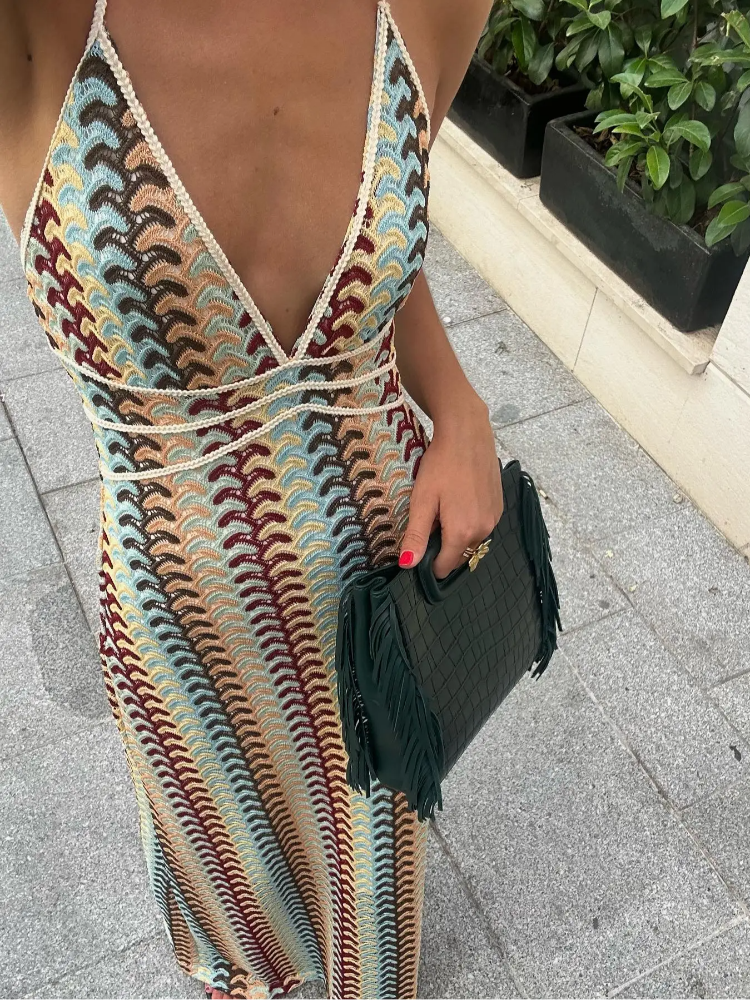 Sexy Contrast Striped Knit Halter Dress Women Fashion Loose Backless Maxi Dresses Summer Chic Female Beach Party Vestidos