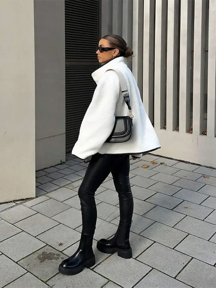 Autumn Winter Solid Lamb Wool Cow Button Coat Women Stand Collar Long Sleeves Loose Jacket 2024 New Lady Streetwear Coats